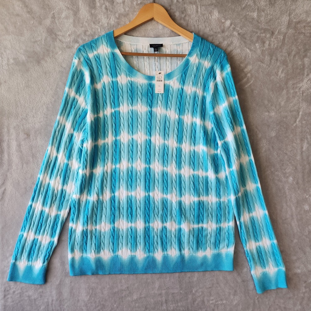 Talbots Cardigan Sweater Womens Size XL Cable Knit Crewneck Blue Tie Dye NWT